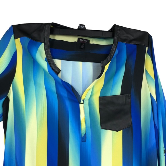 Rafaella Studio Blouse Sheer Multi-Colored Career Top w/Faux Leather Trim SZ L - Picture 4 of 7